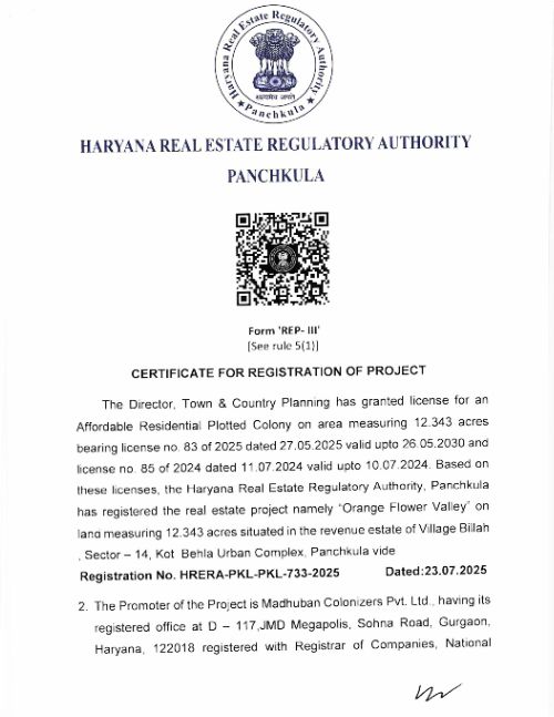 RERA Certificate — Orange Flower Valley, Panchkula